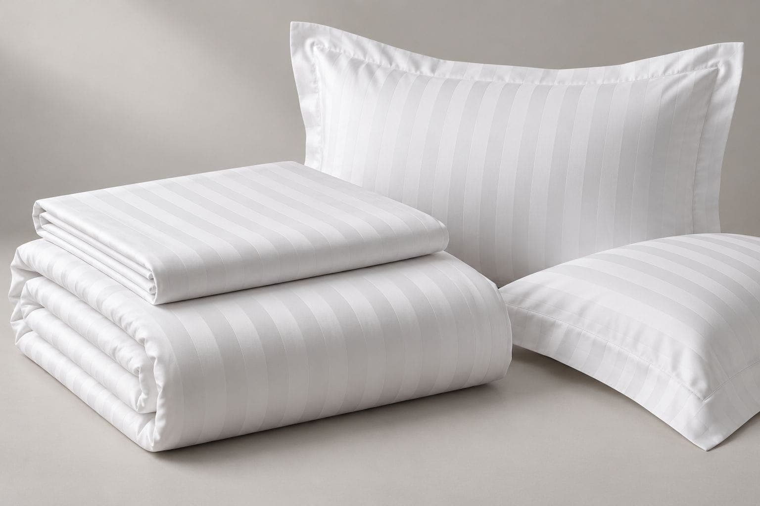 Folded white striped hotel bed linen and pillowcases