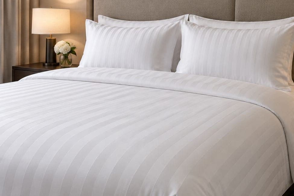 Hotel bed with white striped sateen linen and pillows