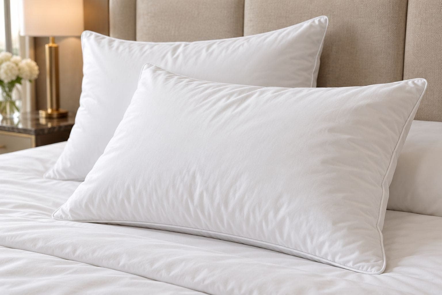 White hotel pillows on a made bed