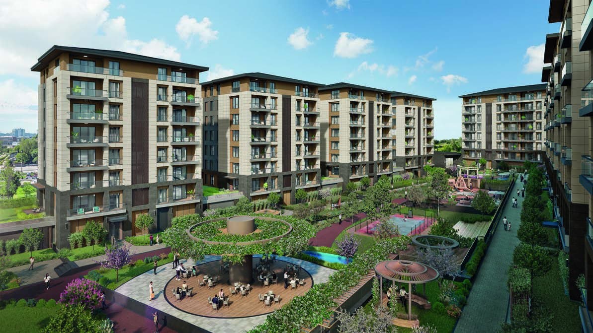 Landscaped courtyard between the residential blocks of Lotus Yaşam
