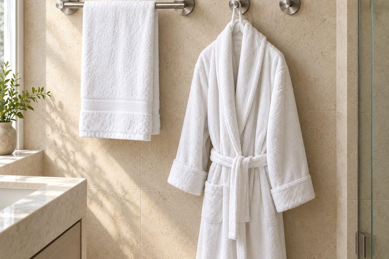 White bathrobe and towel hanging in a spa bathroom